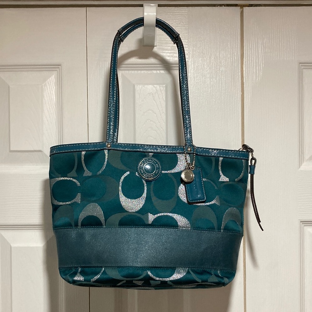 Coach Tote Handbag Teal & Silver